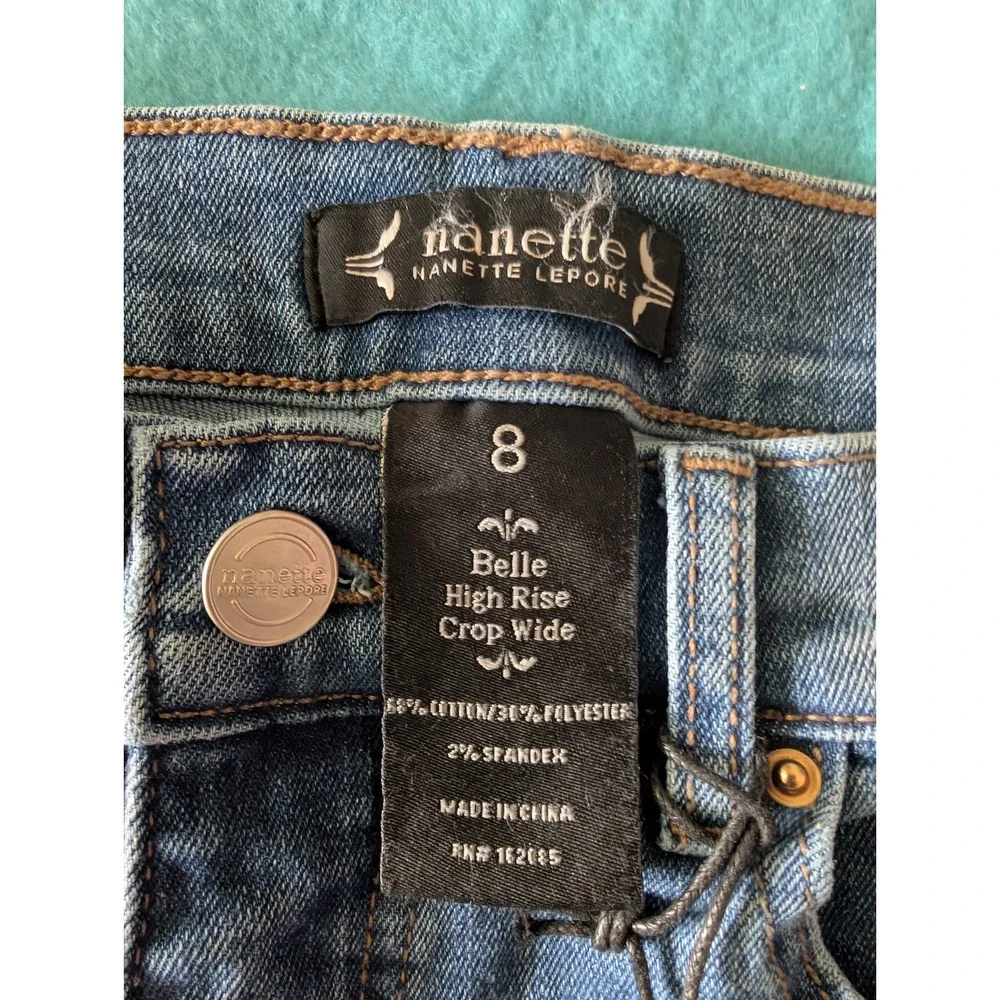 Nanette Lepore Belle Crop Jeans High Rise Wide Leg Women 8 Med Blue Distressed
